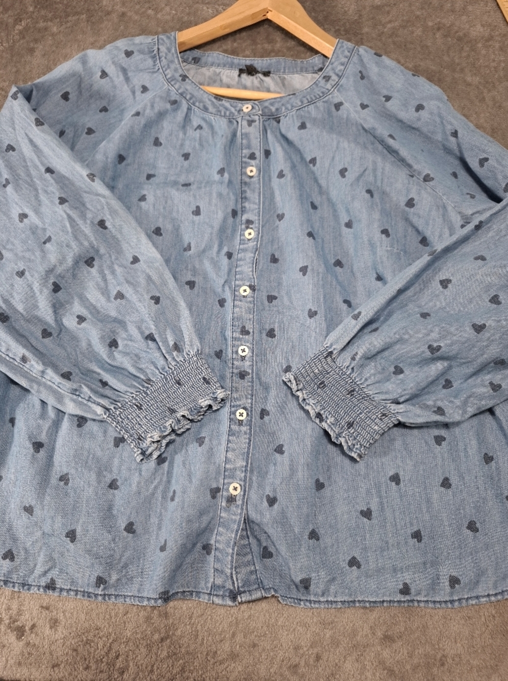 Talbots Petite XL Blue Chambray Heart Print Button Front Smocked Cuff Blouse - Picture 9 of 12